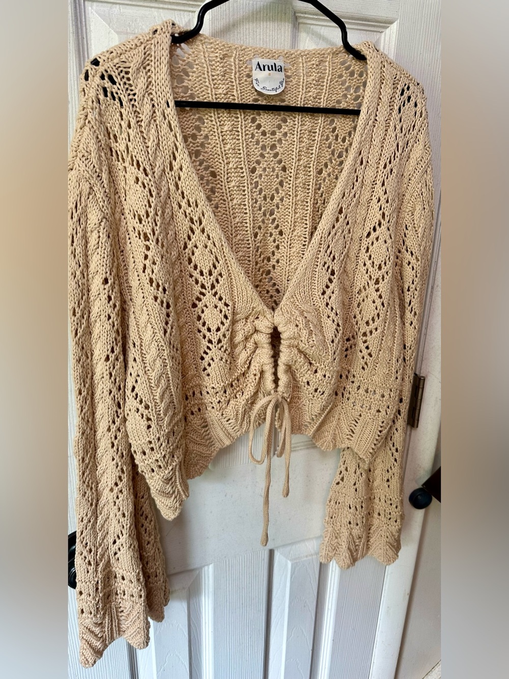 ARULA Beige Open-Knit Crochet Tie-Front Cardigan